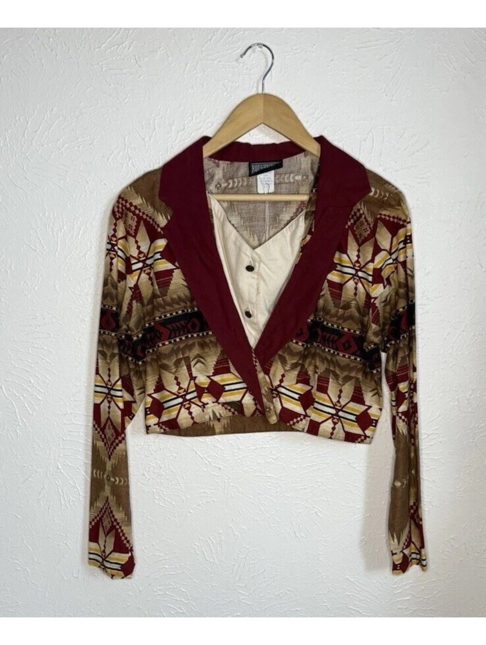 Vintage Roughrider Western Shirt Womens Med Brown Aztec Geometric Crop Top USA